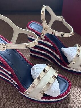 Valentino Cream Studded Wedge Sandals with Navy & Red Rope Platform